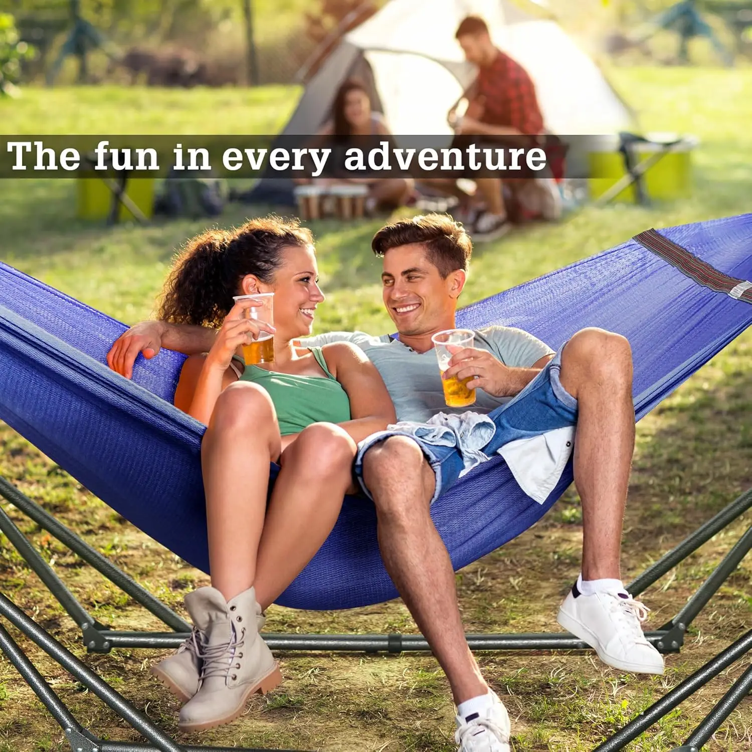 Two-person portable hammock with fold stand for camping