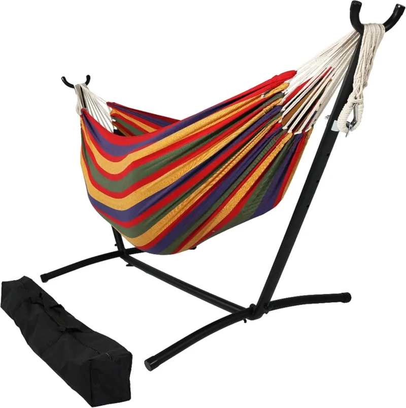 Double Cotton Hammock with Space-Saving Stand - 400 lbs Capacity for Patio & Backyard - Image 7