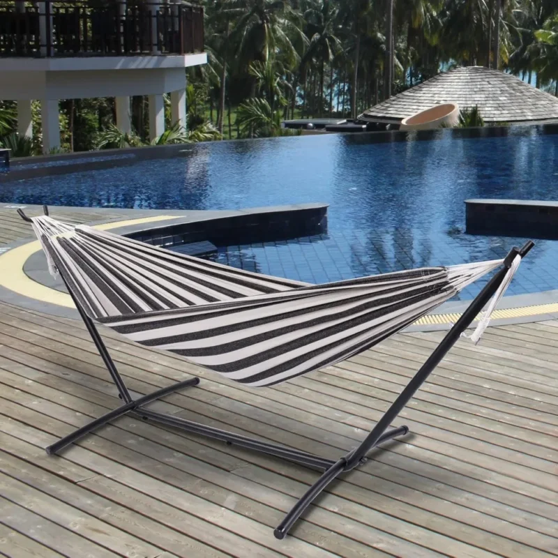 Double Cotton Fabric Hammock with Steel Stand - 450 lbs Capacity for Backyard & Patio - Image 3