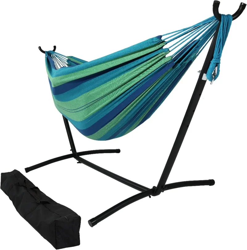 Double Cotton Hammock with Space-Saving Stand - 400 lbs Capacity for Patio & Backyard - Image 12