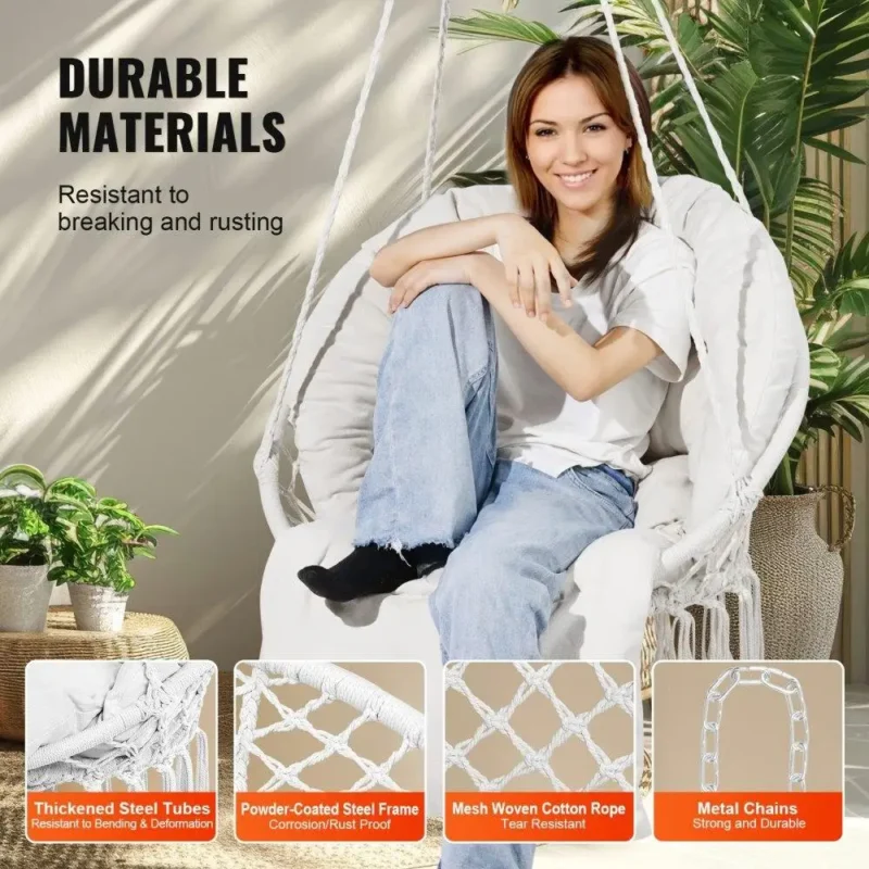 Macrame Hanging Chair with Cushioned Seat - 265 lbs Capacity for Indoor & Outdoor Use - Image 4