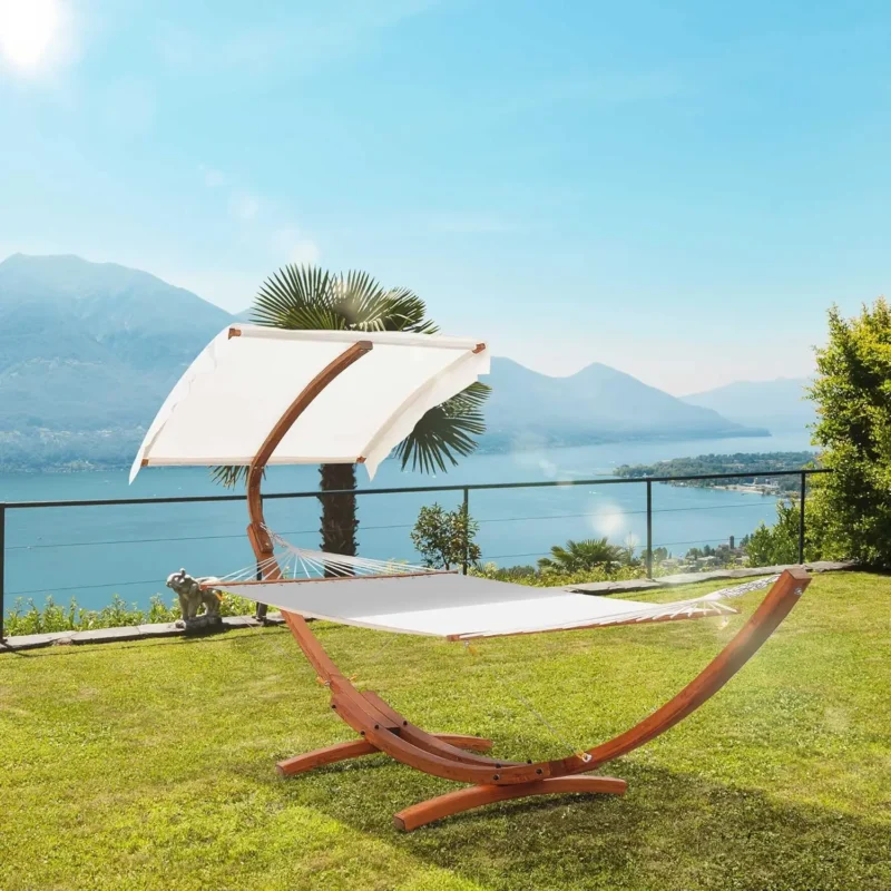 13FT Wooden Arc Hammock with Canopy - 396 lbs Capacity for Patio & Backyard - Image 2