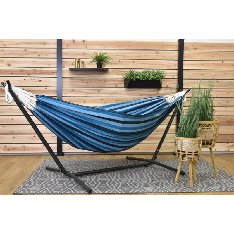 Double Cotton Fabric Hammock with Space-Saving Steel Stand - 450 lbs Capacity for Indoor & Outdoor - Image 2
