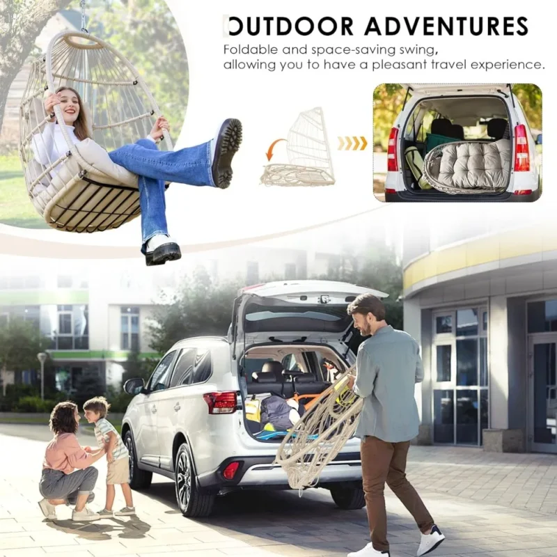 Foldable Rattan Egg Chair with Cushion - 300 lbs Capacity for Indoor & Outdoor - Image 5