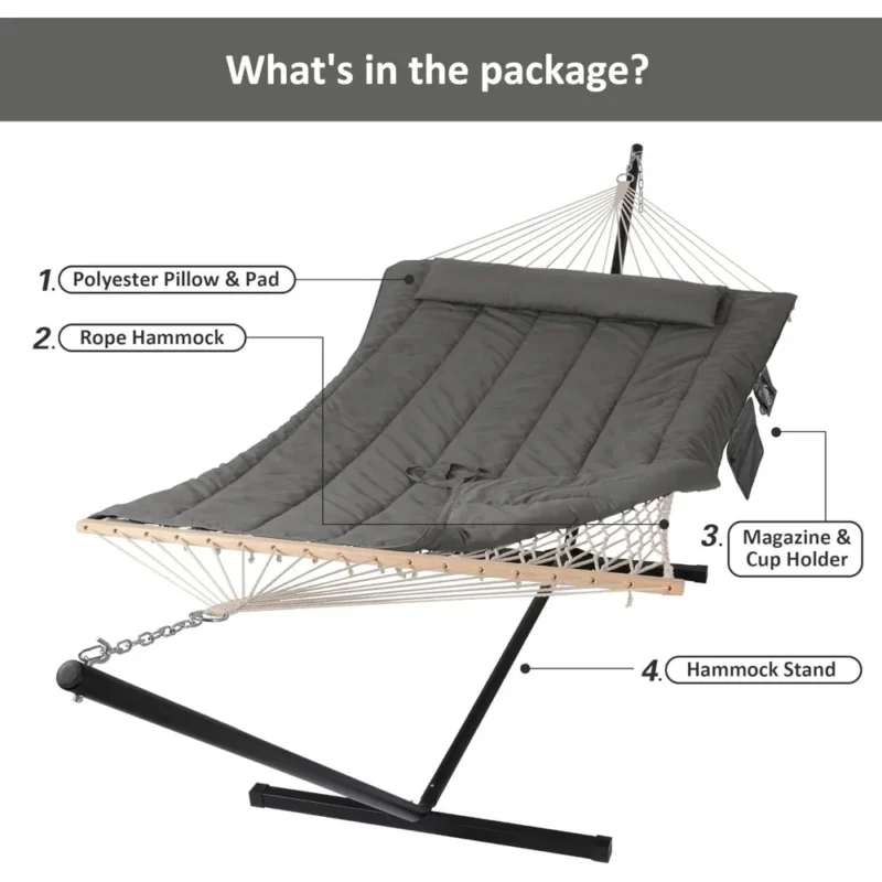 Double Cotton Rope Hammock with Steel Stand - 450 lbs Capacity for Backyard & Patio - Image 5