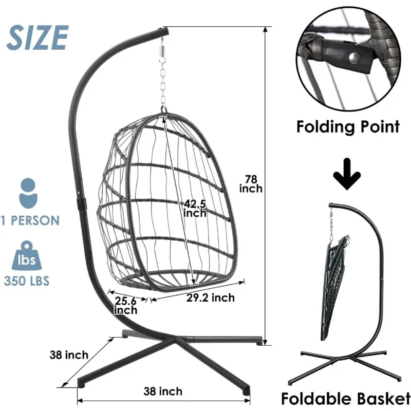Hanging Egg Chair with Wicker Basket - 350 lbs Capacity for Indoor & Outdoor Use - Image 6