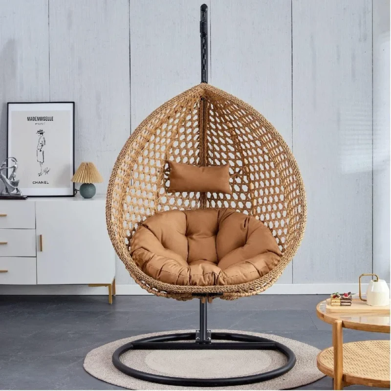 Outdoor Rattan Hanging Egg Chair with Metal Stand - 65 lbs Capacity for Garden & Patio