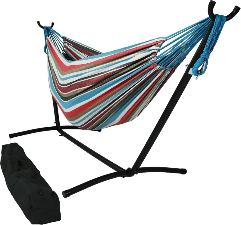 Double Cotton Hammock with Space-Saving Stand - 400 lbs Capacity for Patio & Backyard - Image 10