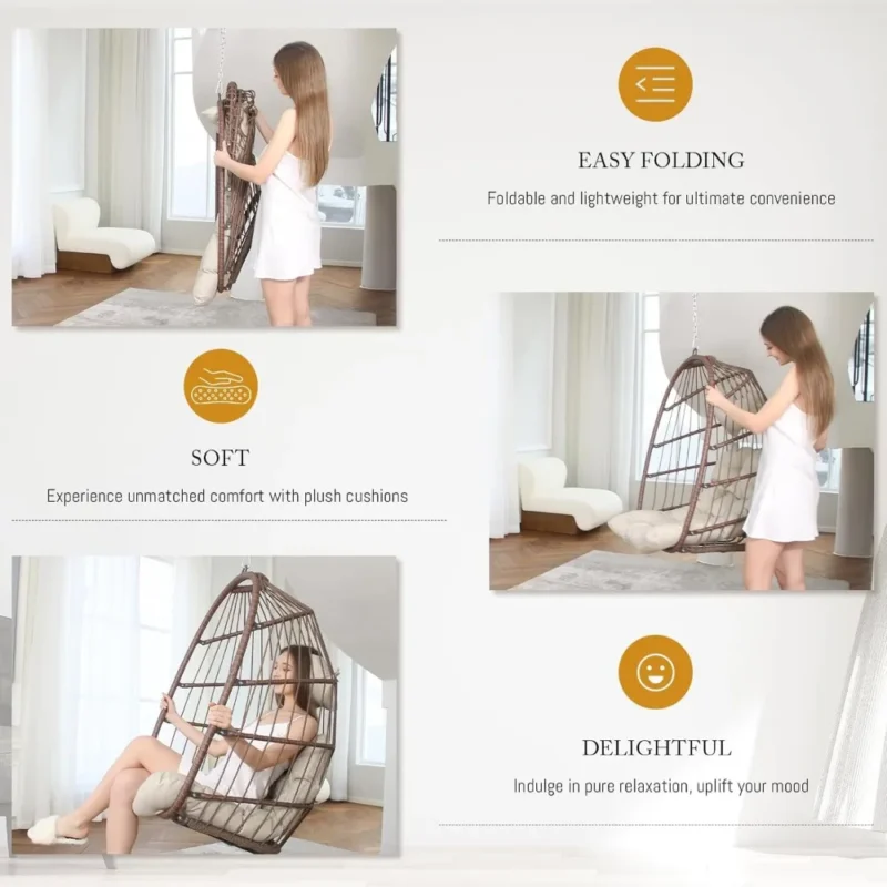 Hanging Egg Chair with UV Resistant PE Rattan - 330 lbs Capacity for Indoor & Outdoor Use - Image 2