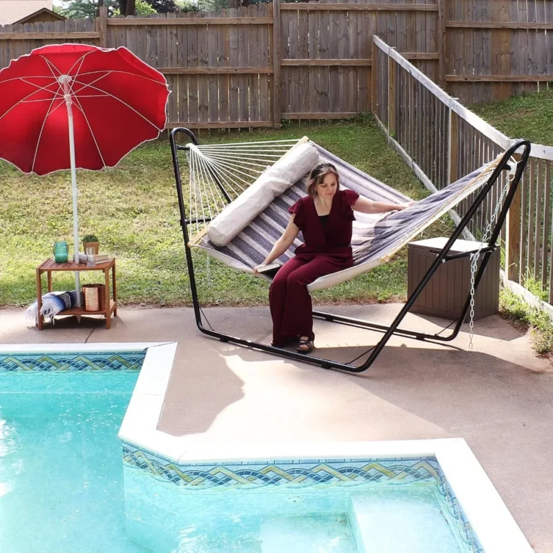 Double Quilted Polyester Hammock with Steel Stand - 450 lbs Capacity for Patio & Backyard - Image 5