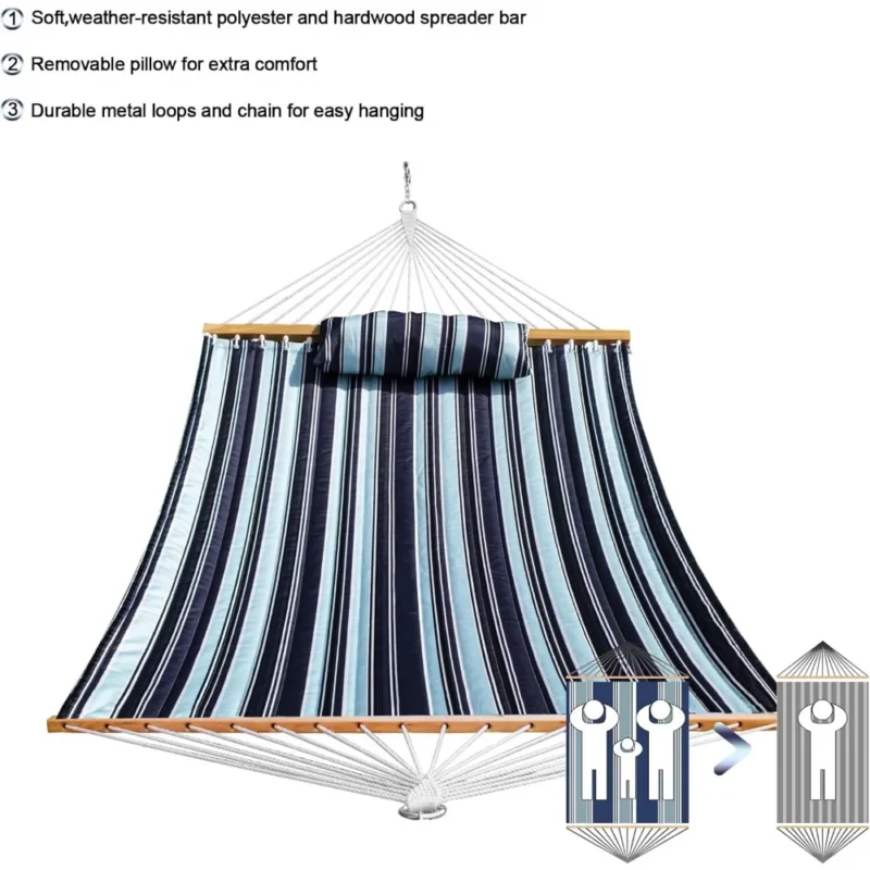 Two Person Quilted Fabric Hammock with Spreader Bars and Pillow - 450 lbs Capacity for Patio & Backyard - Image 3