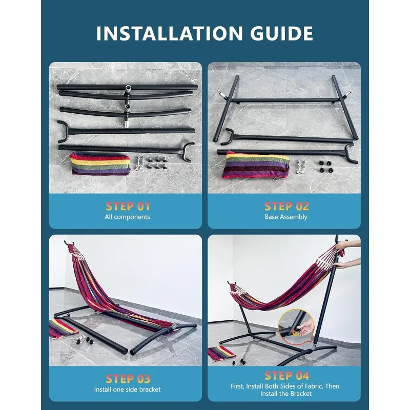 Comfortable double fabric hammock with steel stand for patio relaxation