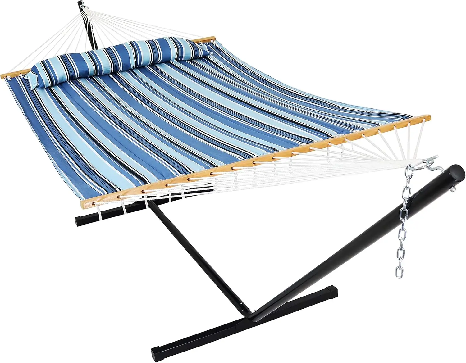 Double quilted hammock with stand demonstrating ideal materials and construction