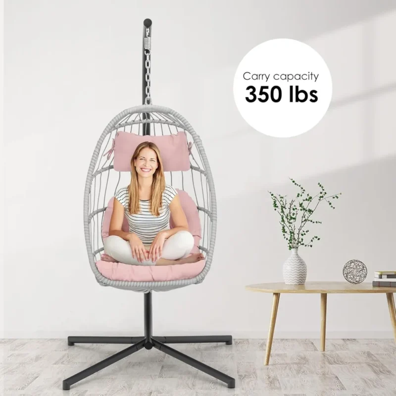 Pink Wicker Egg Chair with Stand - 350 lbs Capacity for Indoor & Outdoor Relaxation - Image 3