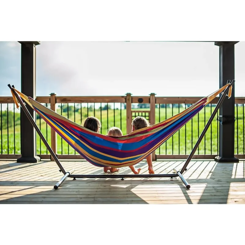 Double Cotton Hammock with Space-Saving Steel Stand - 450 lbs Capacity for Backyard & Patio - Image 3