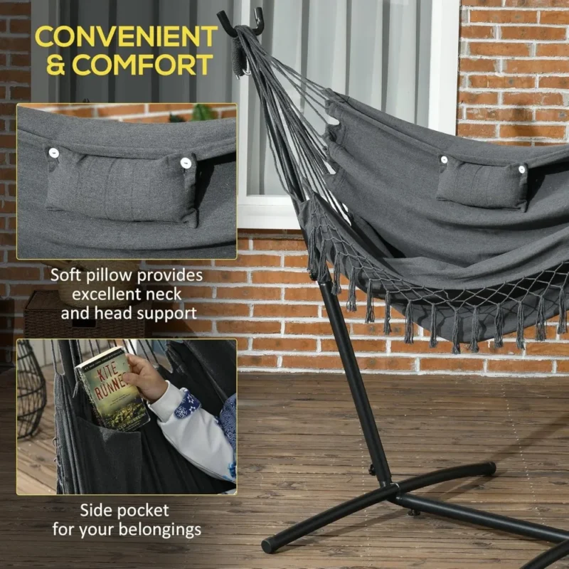 Cotton Hammock Swing Chair with Steel Stand - 330 lbs Capacity for Patio & Outdoor - Image 4