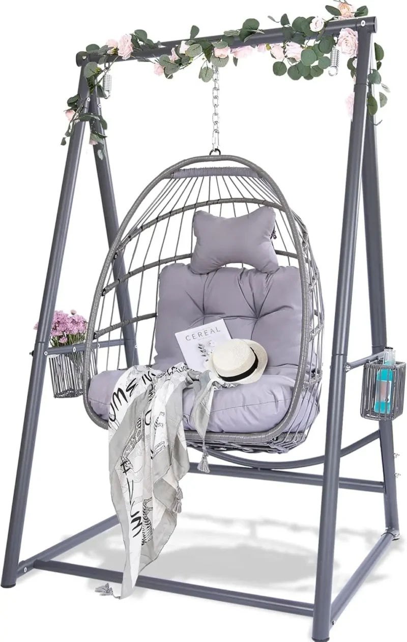 Rattan Egg Swing Chair with Stand & Cushion - 330 lbs Capacity for Patio & Garden - Image 7