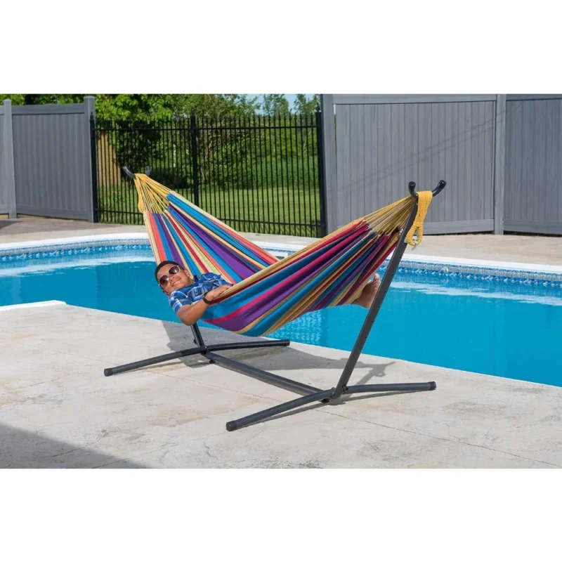 Double Cotton Hammock with Space-Saving Steel Stand - 450 lbs Capacity for Backyard & Patio - Image 4