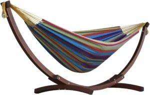 Double Cotton Fabric Hammock with Pine Arc Stand - 450 lbs Capacity for Backyard & Patio
