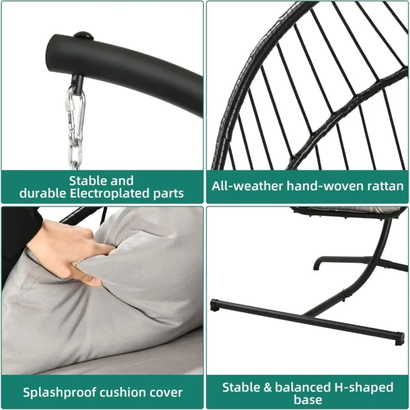 Foldable Rattan Egg Chair with Cushions - 350 lbs Capacity for Patio & Garden - Image 4