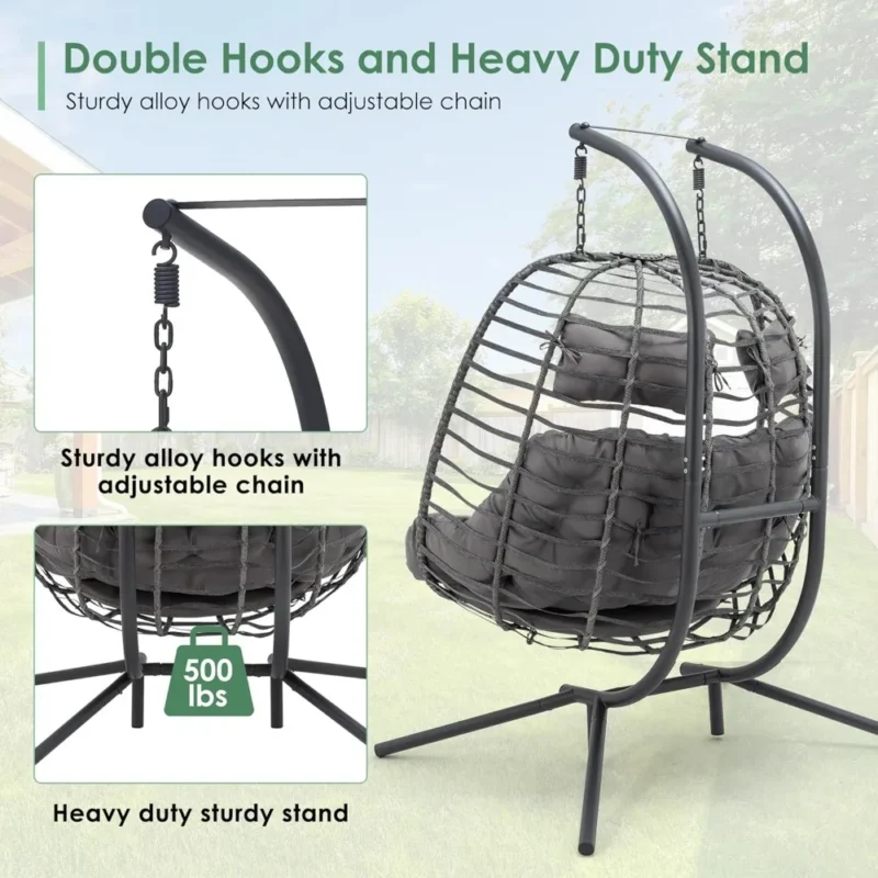 Double Rattan Egg Chair with Steel Stand - 500 lbs Capacity for Patio & Outdoor - Image 4