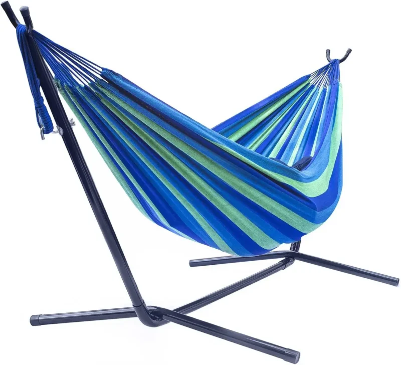 Double Cotton Blend Hammock with Steel Stand - 450 lbs Capacity for Indoor & Outdoor Use - Image 7