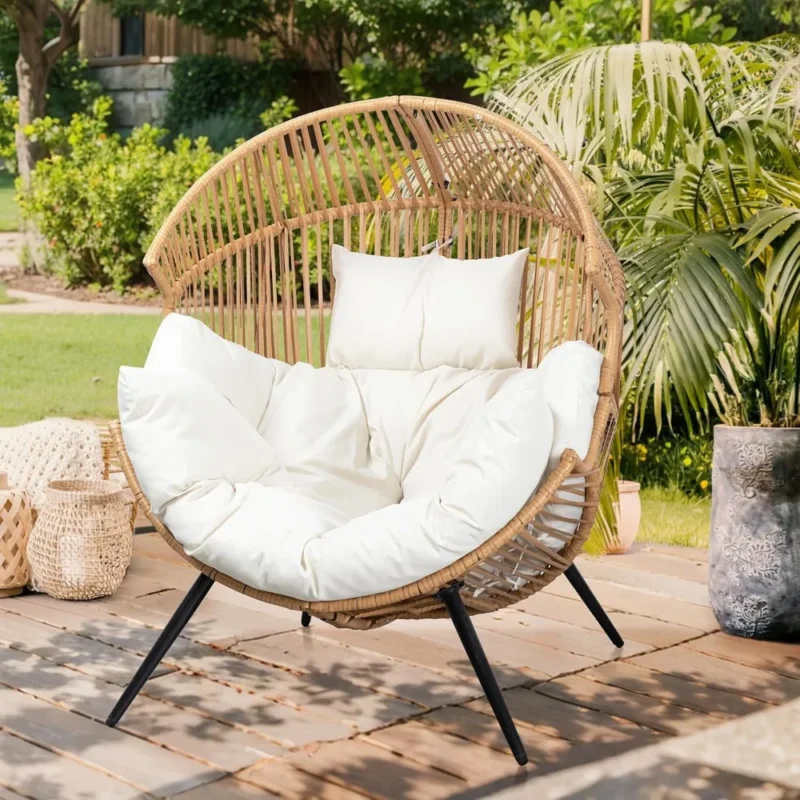 Oversized PE Rattan Egg Chair with Cotton Cushion - 300 lbs Capacity for Indoor & Outdoor - Image 2