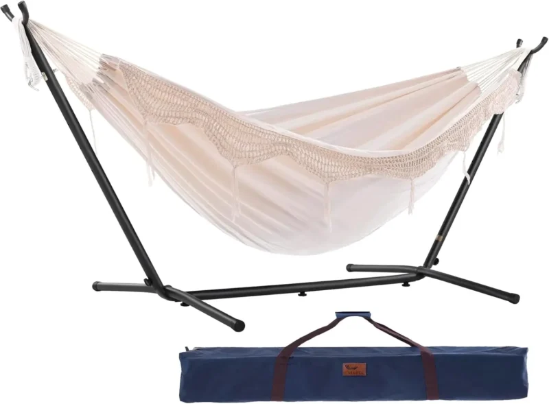Double Cotton Fabric Hammock with Space-Saving Steel Stand - 450 lbs Capacity for Indoor & Outdoor - Image 12