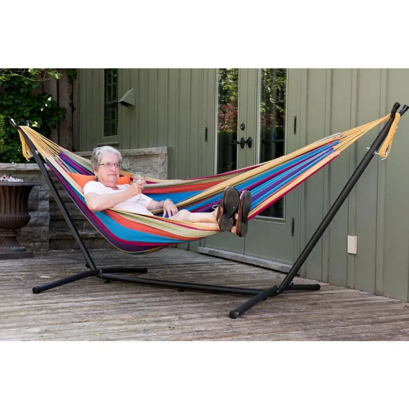 Double Cotton Hammock with Space-Saving Steel Stand - 450 lbs Capacity for Backyard & Patio - Image 5