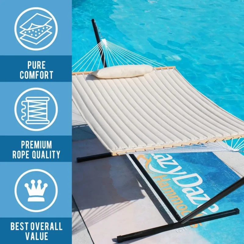 12 FT Double Quilted Hammock with Spreader Bars - 450 lbs Capacity for Backyard & Patio - Image 2