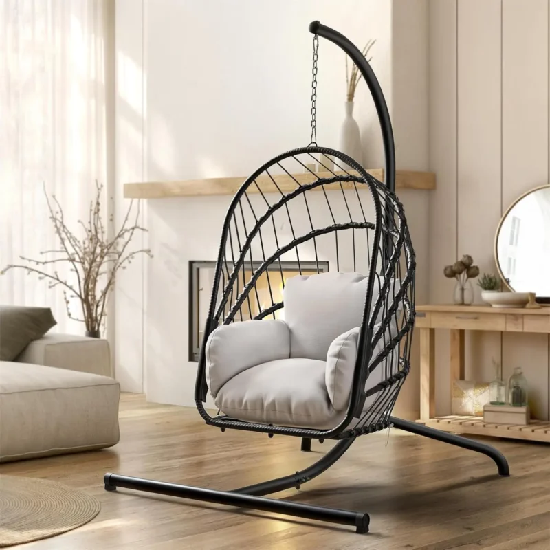 Wicker Hanging Egg Chair with Cushions - 350 lbs Capacity for Indoor & Outdoor Use - Image 8