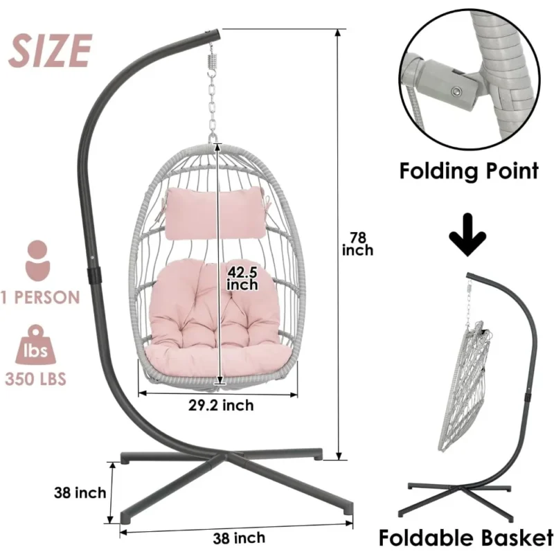 Pink Wicker Egg Chair with Stand - 350 lbs Capacity for Indoor & Outdoor Relaxation - Image 2
