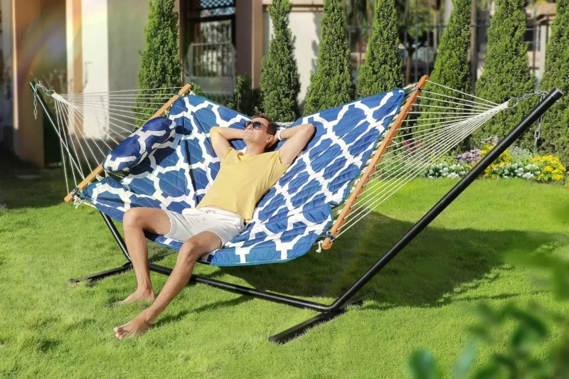Double Cotton Rope Hammock with Stand - 450 lbs Capacity for Backyard & Patio - Image 8