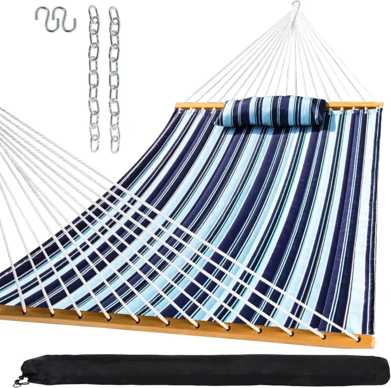 Two Person Quilted Fabric Hammock with Spreader Bars and Pillow - 450 lbs Capacity for Patio & Backyard - Image 6