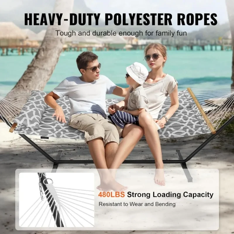 Double Quilted Hammock with Steel Stand - 480 lbs Capacity for Backyard & Patio - Image 3