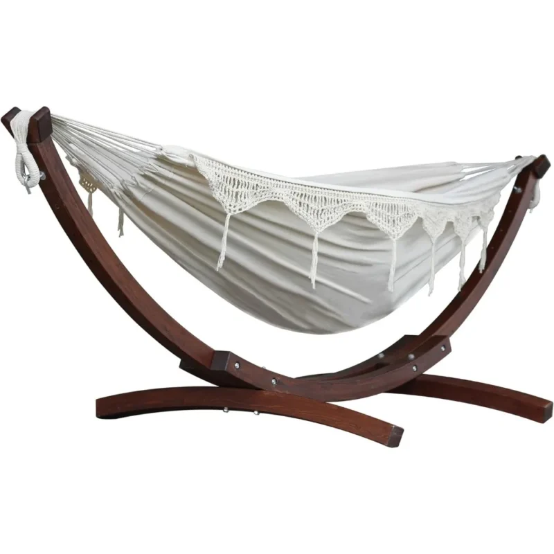 Double Cotton Hammock with Pine Arc Stand - 450 lbs Capacity for Backyard & Patio - Image 2