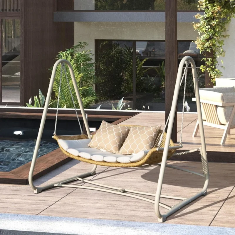 2-Seat Rattan Porch Swing with Thickened Cushions - 750 lbs Capacity for Patio & Garden - Image 2