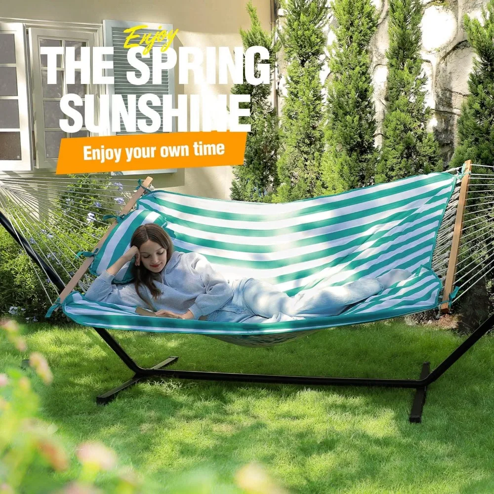 Double cotton rope hammock on a stand showing comfortable setup