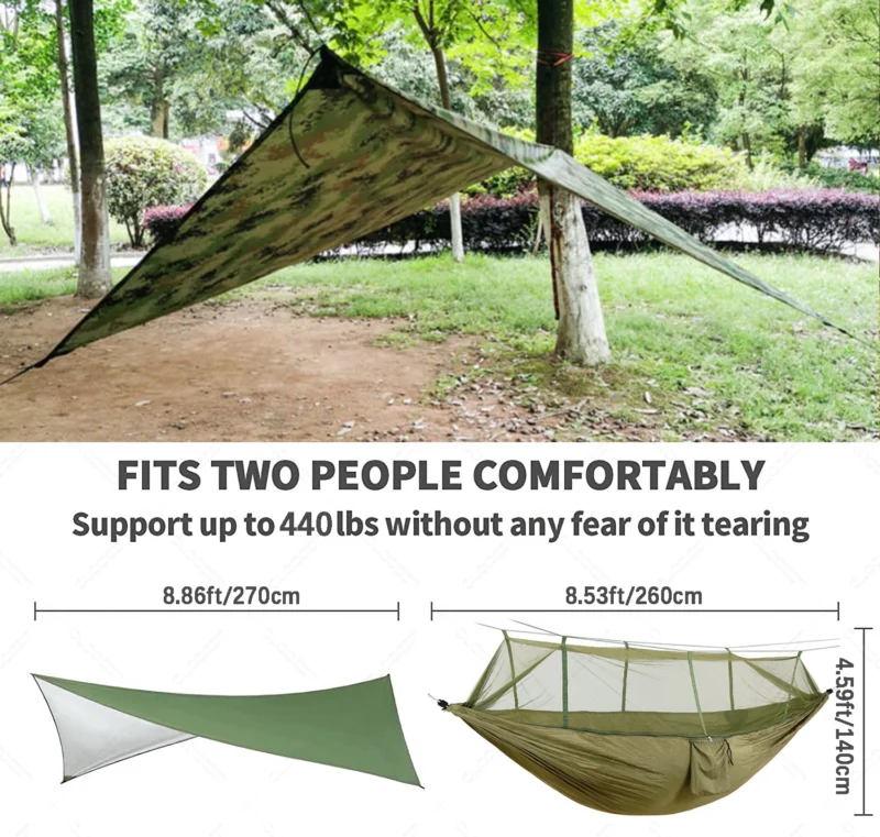Two-Person Camping Hammock with Mosquito Net and Rain Cover - 440 lbs Capacity for Outdoor Adventures - Image 3