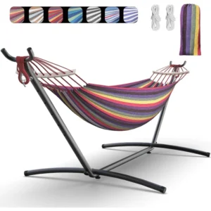 Double Fabric Hammock with Steel Stand - 600 lbs Capacity for Indoor & Outdoor