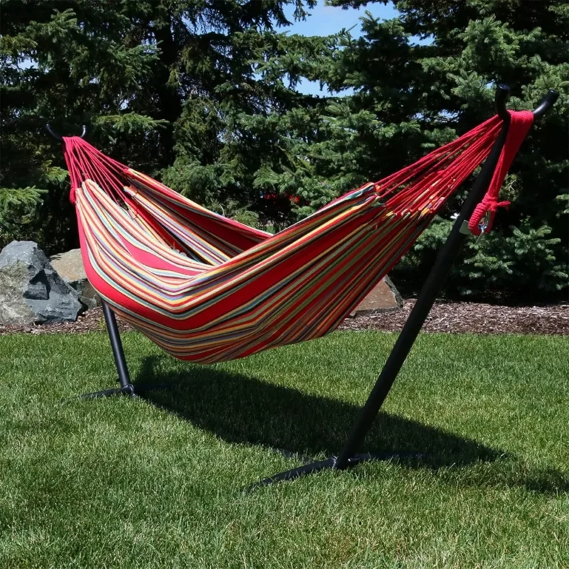 Double Cotton Hammock with Space-Saving Stand - 400 lbs Capacity for Patio & Backyard - Image 5