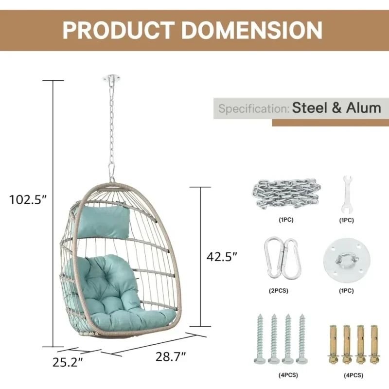 Hanging Egg Chair with Cushions - 250 lbs Capacity for Indoor & Outdoor Relaxation - Image 3