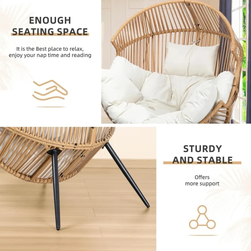 Oversized PE Rattan Egg Chair with Cotton Cushion - 300 lbs Capacity for Indoor & Outdoor - Image 5