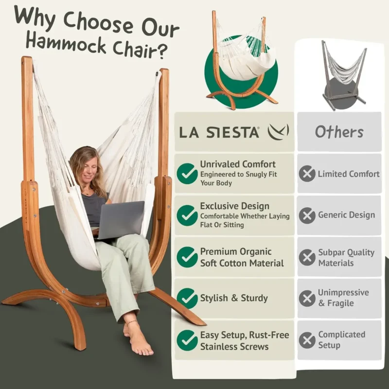 Organic Cotton Hammock Chair with Wooden Stand - 330 lbs Capacity for Indoor & Outdoor Relaxation - Image 3