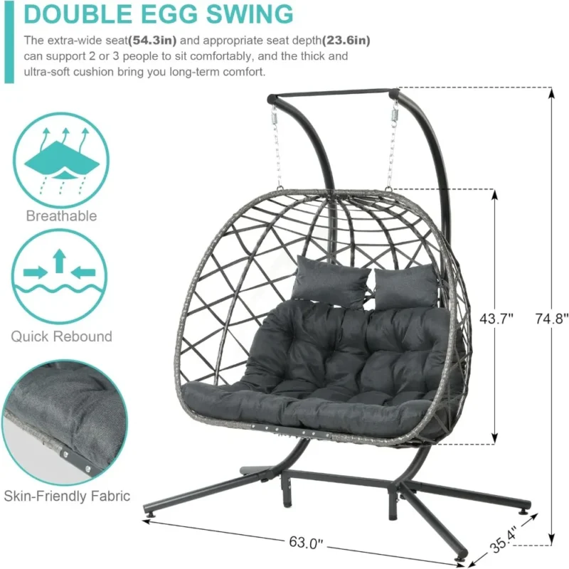 Double Egg Swing Chair with Stand - 450 lbs Capacity for Indoor & Outdoor Relaxation - Image 2