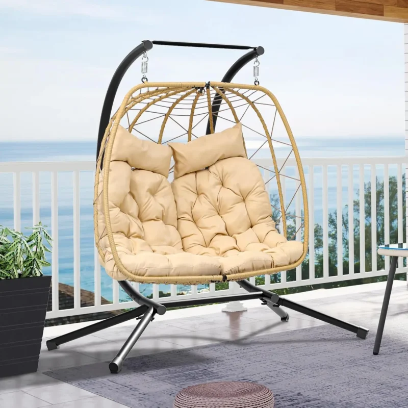 Double Wicker Hanging Egg Chair with Stand - 550 lbs Capacity for Patio & Indoor Use - Image 7