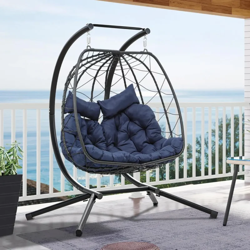 Double Wicker Hanging Egg Chair with Stand - 550 lbs Capacity for Patio & Indoor Use - Image 9