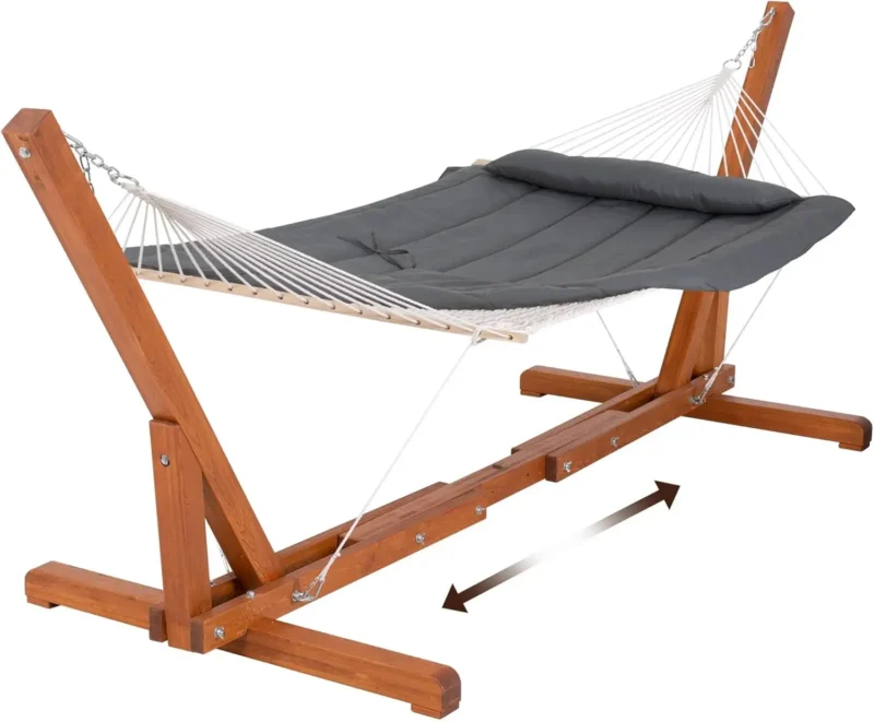Double Wood & Textilene Hammock with Steel Stand - 475 lbs Capacity for Backyard & Patio - Image 14