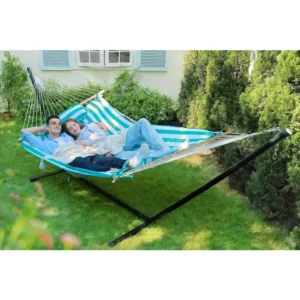 Double Cotton Rope Hammock with Stand - 450 lbs Capacity for Backyard & Patio