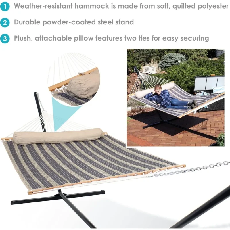 Double Quilted Fabric Hammock with Steel Stand - 400 lbs Capacity for Outdoor Patio & Backyard - Image 2